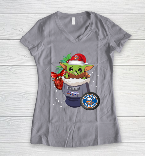 New York Islanders Christmas Baby Yoda Star Wars Funny Happy NHL Women's V-Neck T-Shirt 4