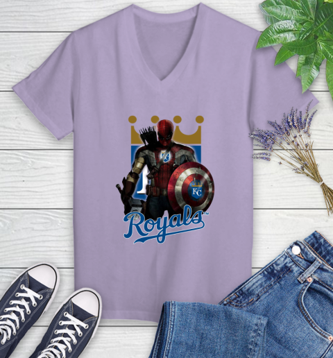 MLB Captain America Thor Spider Man Hawkeye Avengers Endgame Baseball Kansas City Royals Women's V-Neck T-Shirt 14