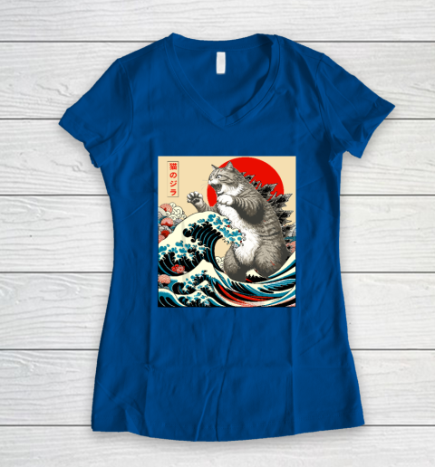 Catzilla Cat Japanese Art Funny Cat Women's V-Neck T-Shirt 5