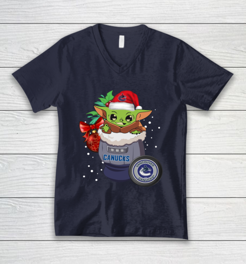Vancouver Canucks Christmas Baby Yoda Star Wars Funny Happy NHL V-Neck T-Shirt 3