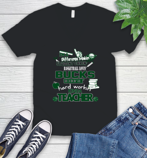 Milwaukee Bucks NBA I'm A Difference Making Student Caring Basketball Loving Kinda Teacher V-Neck T-Shirt