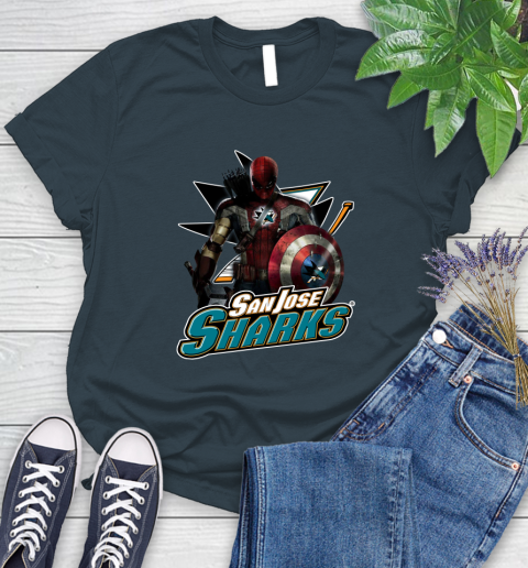 NHL Captain America Thor Spider Man Hawkeye Avengers Endgame Hockey San Jose Sharks Women's T-Shirt 8
