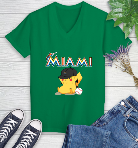 MLB Pikachu Baseball Sports Miami Marlins Women's V-Neck T-Shirt 5