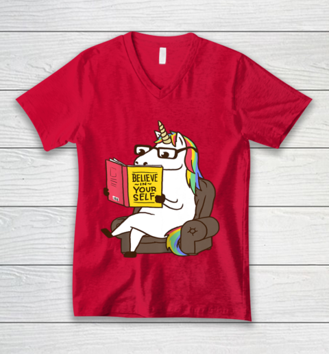 Unicorn Shirt Believe in Yourself Motivational Book Lover V-Neck T-Shirt 7