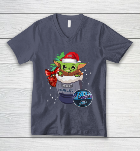 Utah Jazz Christmas Baby Yoda Star Wars Funny Happy NBA V-Neck T-Shirt 8