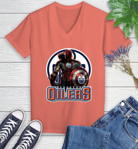 NHL Captain America Thor Spider Man Hawkeye Avengers Endgame Hockey Edmonton Oilers Women's V-Neck T-Shirt 6