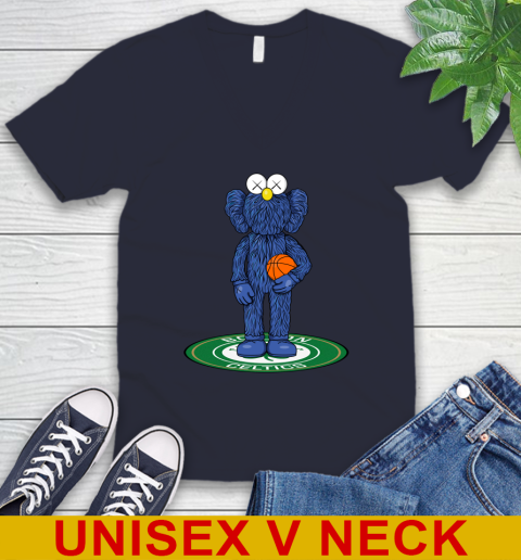NBA Basketball Boston Celtics Kaws Bff Blue Figure Shirt V-Neck T-Shirt 3