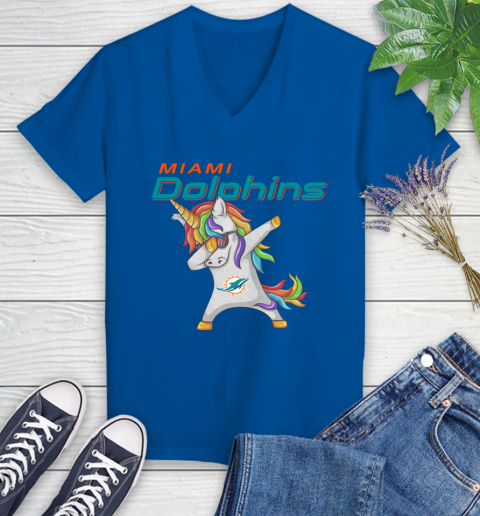 Miami Dolphins NFL Football Funny Unicorn Dabbing Sports Women's V-Neck T-Shirt 10
