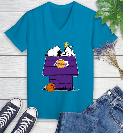 Los Angeles Lakers NBA Basketball Snoopy Woodstock The Peanuts Movie Women's V-Neck T-Shirt 7