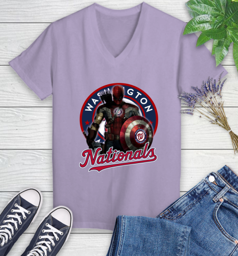 MLB Captain America Thor Spider Man Hawkeye Avengers Endgame Baseball Washington Nationals Women's V-Neck T-Shirt 14
