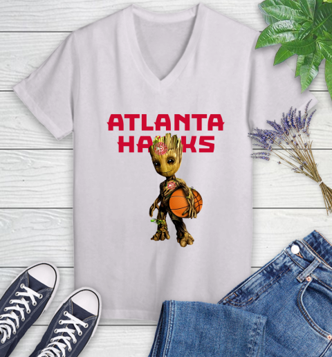 Atlanta Hawks NBA Basketball Groot Marvel Guardians Of The Galaxy Women's V-Neck T-Shirt