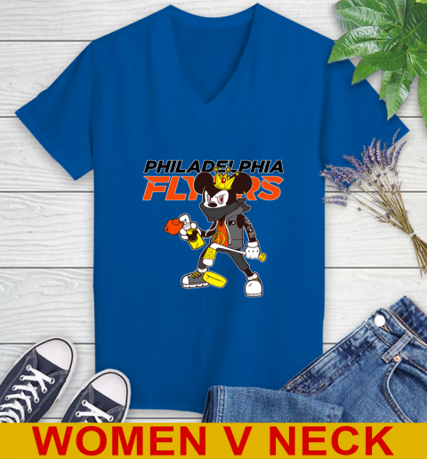 Philadelphia Flyers NHL Hockey Mickey Peace Sign Sports Women's V-Neck T-Shirt 11