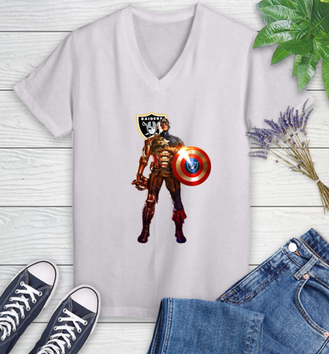NFL Captain America Marvel Avengers Endgame Football Sports Oakland Raiders Women's V-Neck T-Shirt