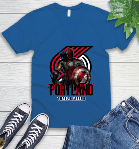 Portland Trail Blazers NBA Basketball Captain America Thor Spider Man Hawkeye Avengers V-Neck T-Shirt 6