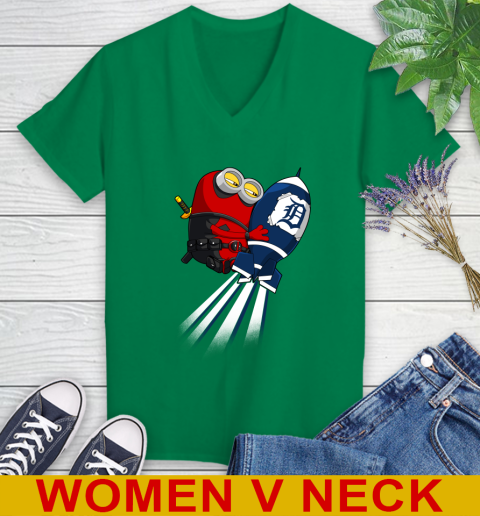 MLB Baseball Detroit Tigers Deadpool Minion Marvel Shirt Women's V-Neck T-Shirt 5