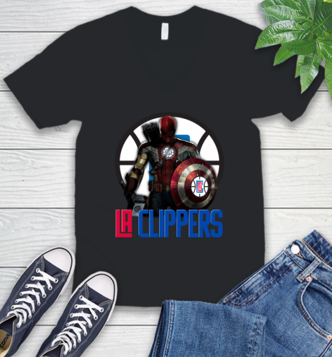 LA Clippers NBA Basketball Captain America Thor Spider Man Hawkeye Avengers V-Neck T-Shirt 2