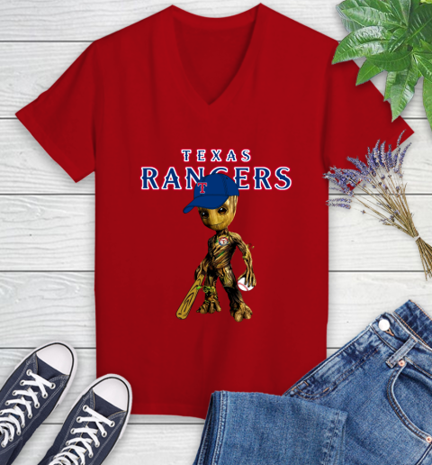 MLB Texas Rangers Groot Guardians Of The Galaxy Baseball Women's V-Neck T-Shirt 12