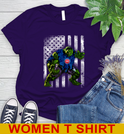 Detroit Pistons Hulk Marvel Avengers NBA Basketball American Flag Women's T-Shirt 4