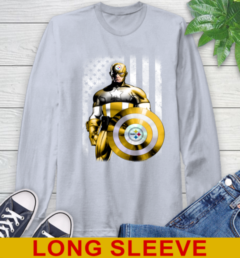 Pittsburgh Steelers NFL Football Captain America Marvel Avengers American Flag Shirt Long Sleeve T-Shirt 6