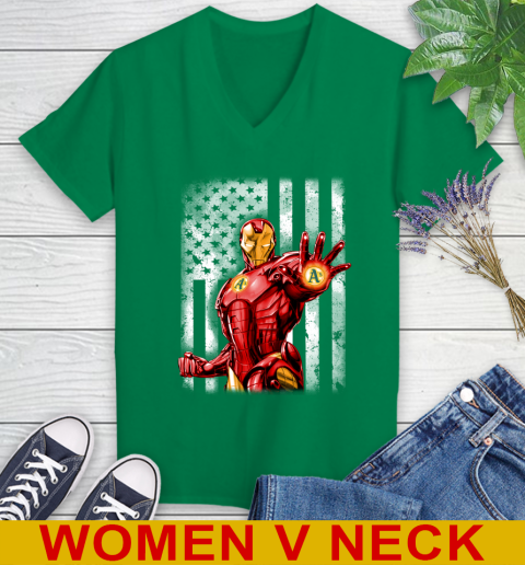 Oakland Athletics MLB Baseball Iron Man Avengers American Flag Shirt Women's V-Neck T-Shirt 5