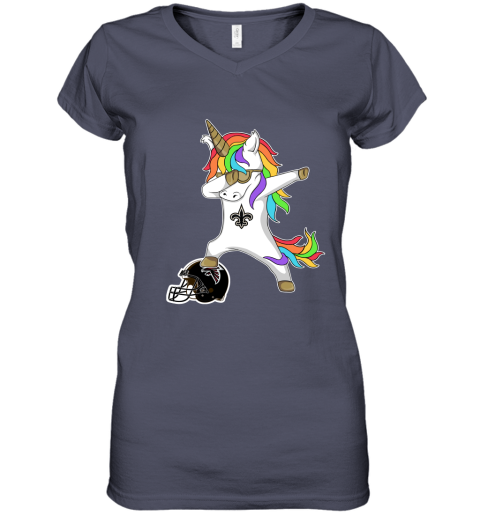 lgtt football dabbing unicorn steps on helmet new orleans saints women v neck t shirt 39 front heather navy