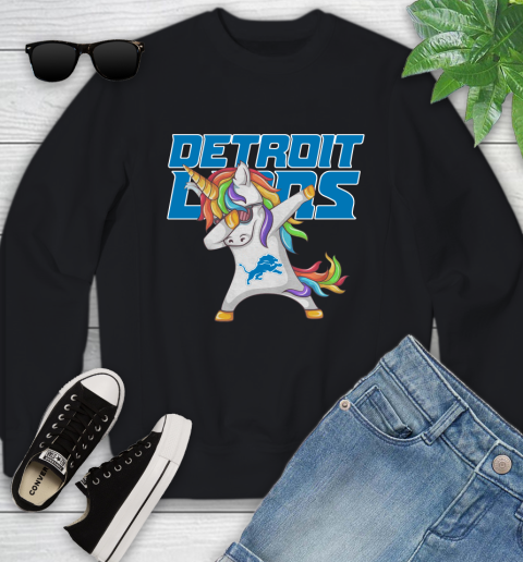 Detroit Lions NFL Football Funny Unicorn Dabbing Sports Youth Sweatshirt 2