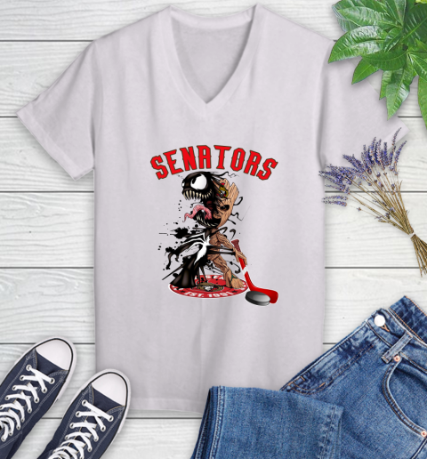 NHL Ottawa Senators Hockey Venom Groot Guardians Of The Galaxy Women's V-Neck T-Shirt
