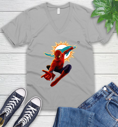 NFL Spider Man Avengers Endgame Football Miami Dolphins V-Neck T-Shirt 4