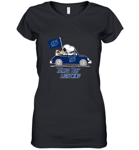 Snoopy And Woodstock Ride The Tampa Bay Lightnings Car NHL Women's V-Neck T-Shirt