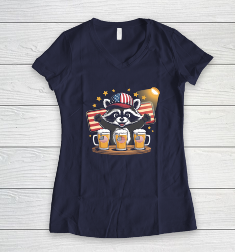 Raccoon red white and brew Funny Independence Day 4th of July Women's V-Neck T-Shirt 7