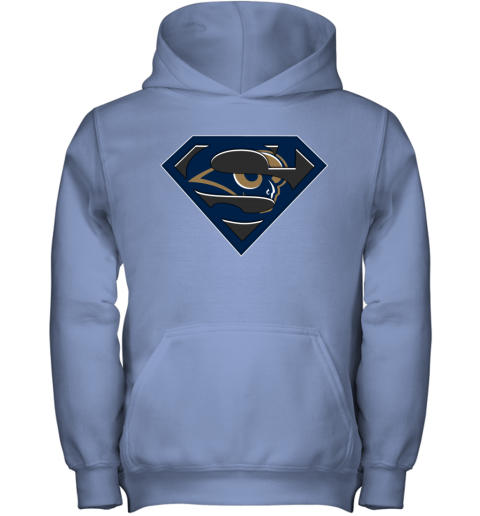 NFL Los Angeles Rams LOGO Superman xklv nfl los angeles ramslogo superman youth hoodie 43 front carolina blue