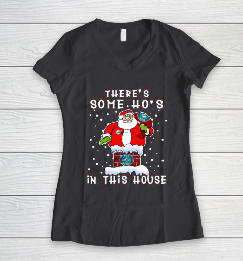 Miami Dolphins Christmas There Is Some Hos In This House Santa Stuck In The Chimney NFL Women's V-Neck T-Shirt 6