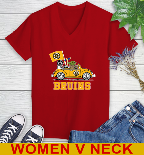 NHL Hockey Boston Bruins Darth Vader Baby Yoda Driving Star Wars Shirt Women's V-Neck T-Shirt 12