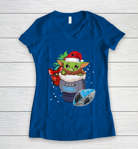Carolina Panthers Christmas Baby Yoda Star Wars Funny Happy NFL Women's V-Neck T-Shirt 9