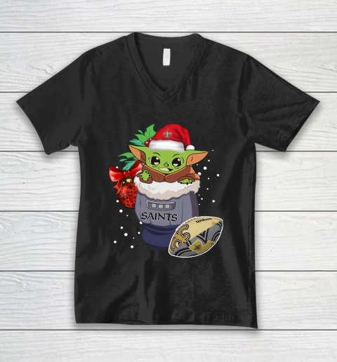 New Orleans Saints Christmas Baby Yoda Star Wars Funny Happy NFL V-Neck T-Shirt