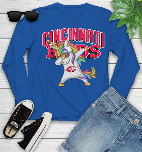 Cincinnati Reds MLB Baseball Funny Unicorn Dabbing Sports Youth Long Sleeve 9