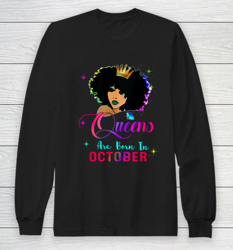 Queens Born october Black Girl Virgo Libra Birthday Long Sleeve T-Shirt