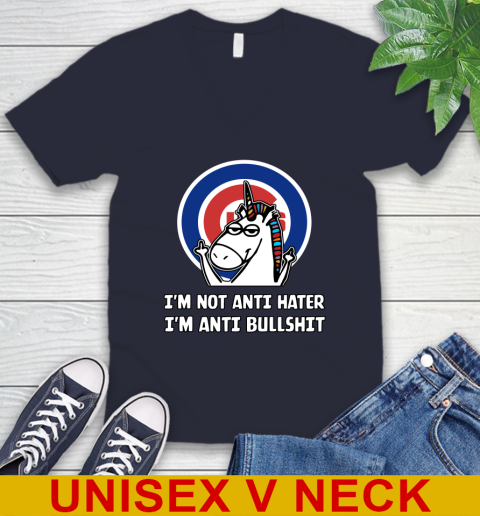 Chicago Cubs MLB Baseball Unicorn I'm Not Anti Hater I'm Anti Bullshit V-Neck T-Shirt 3