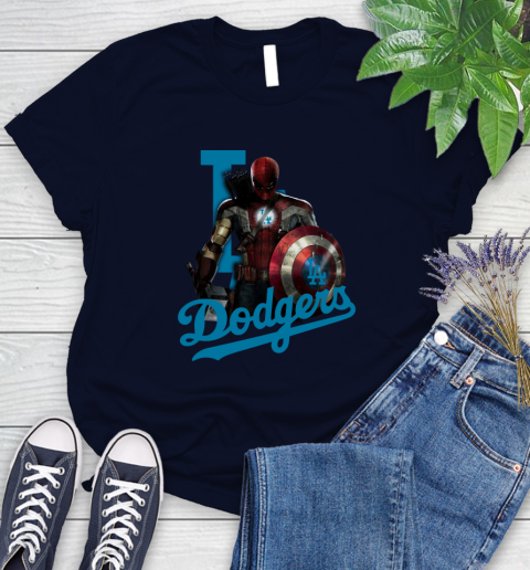 MLB Captain America Thor Spider Man Hawkeye Avengers Endgame Baseball Los Angeles Dodgers Women's T-Shirt 3