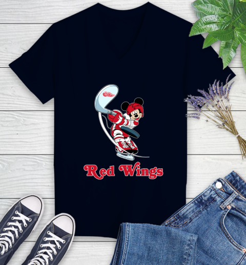 NHL Hockey Detroit Red Wings Cheerful Mickey Mouse Shirt Women's V-Neck T-Shirt 3