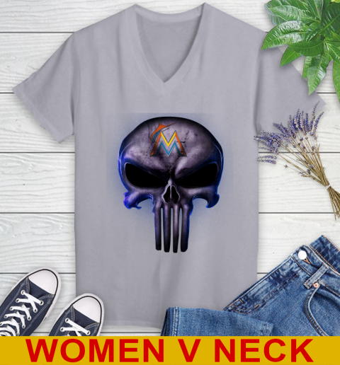Miami Marlins MLB Baseball Punisher Skull Sports Women's V-Neck T-Shirt 4