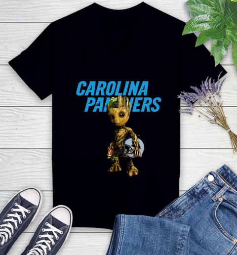 Carolina Panthers NFL Football Groot Marvel Guardians Of The Galaxy Women's V-Neck T-Shirt 2