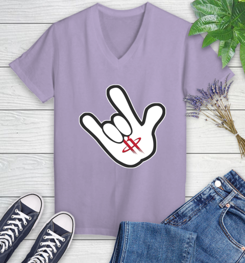 Houston Rockets NBA Basketball Mickey Rock Hand Disney Women's V-Neck T-Shirt 14