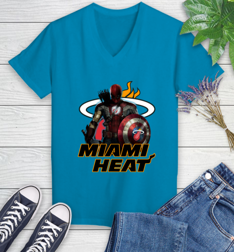 Miami Heat NBA Basketball Captain America Thor Spider Man Hawkeye Avengers Women's V-Neck T-Shirt 7