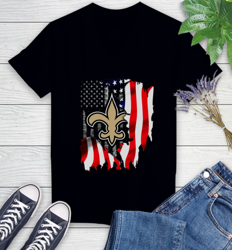 New Orleans Saints NFL Football American Flag Women's V-Neck T-Shirt