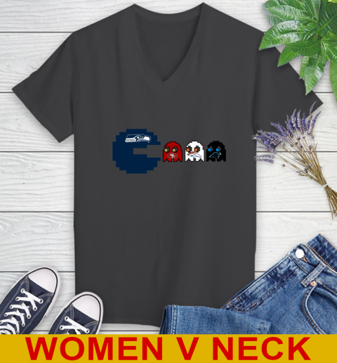 Seattle Seahawks NFL Football Pac Man Champion Women's V-Neck T-Shirt 9