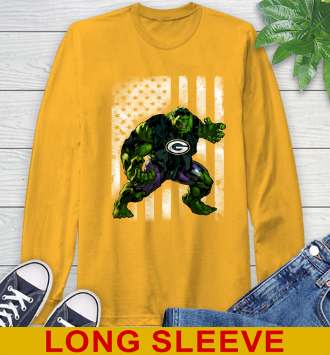 Green Bay Packers Hulk Marvel Avengers NFL Football American Flag Long Sleeve T-Shirt 2