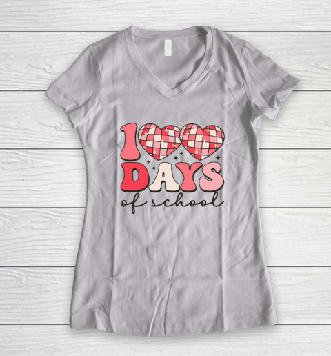 100 Days of School Retro Disco Hearts 100th Day Of School Women's V-Neck T-Shirt