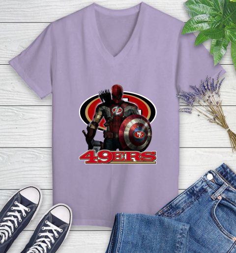 NFL Captain America Thor Spider Man Hawkeye Avengers Endgame Football San Francisco 49ers Women's V-Neck T-Shirt 14