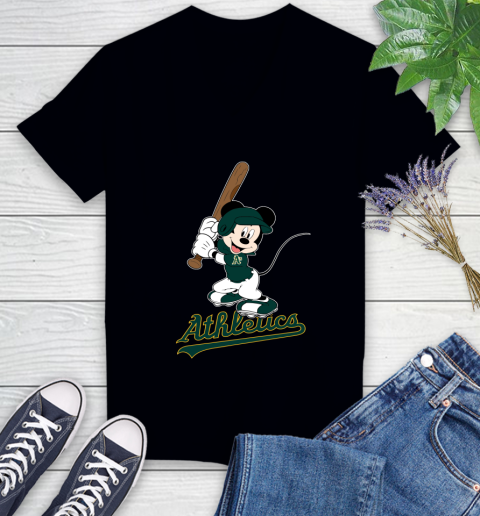 MLB Baseball Oakland Athletics Cheerful Mickey Mouse Shirt Women's V-Neck T-Shirt